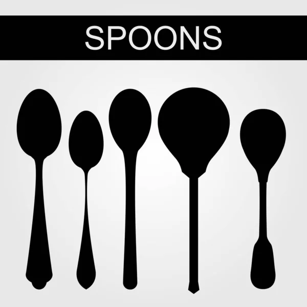 Set Spoons Vector Black White Silhouettes Objects Light Background — Stock Vector