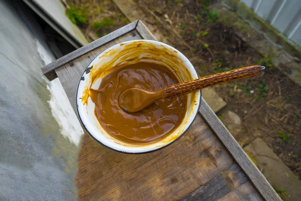 Plate Wooden Spoon Condensed Milk Cream — Stock Photo, Image