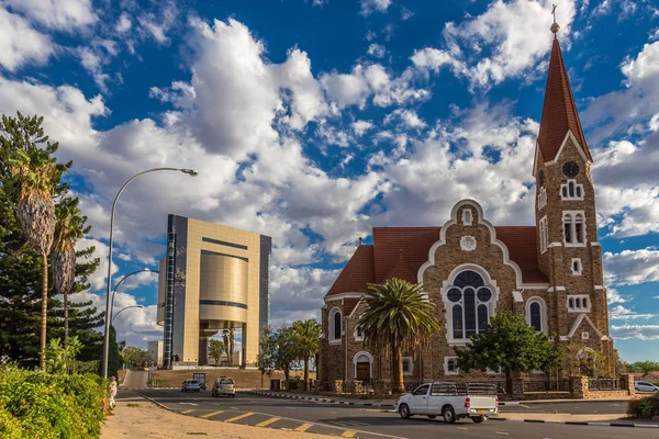 Luteran Christ Church and road with cars in front, Windhoek, Nam — Stock Photo, Image