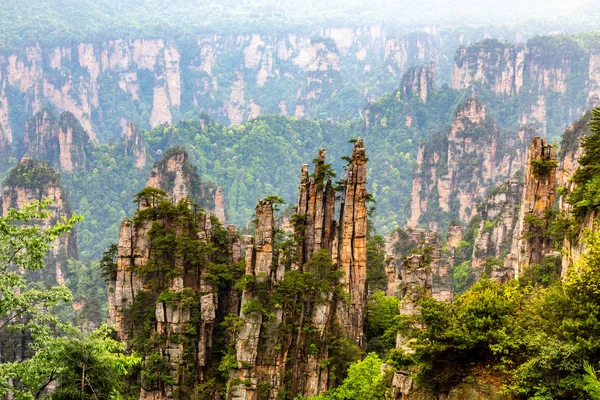 Cuarcita pilares de piedra arenisca y picos con árboles verdes y monte — Foto de Stock