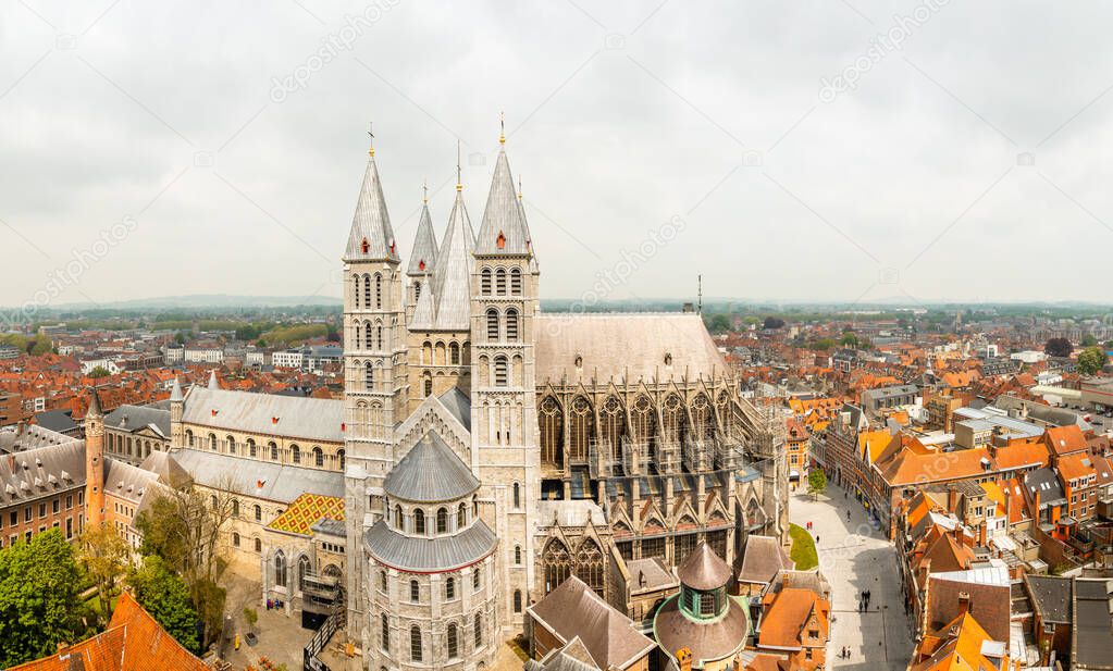 Notre-Dame de Tournai towers and surrounfing streets with old bu
