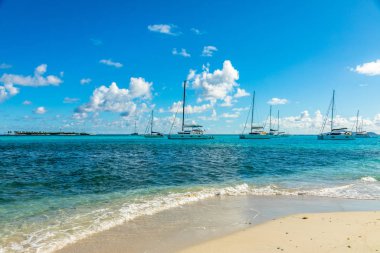 Turquoise colored sea with ancored yachts and catamarans, Tobago clipart