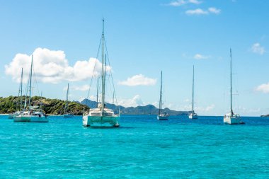 Turquoise colored sea with ancored yachts and catamarans, Tobago clipart