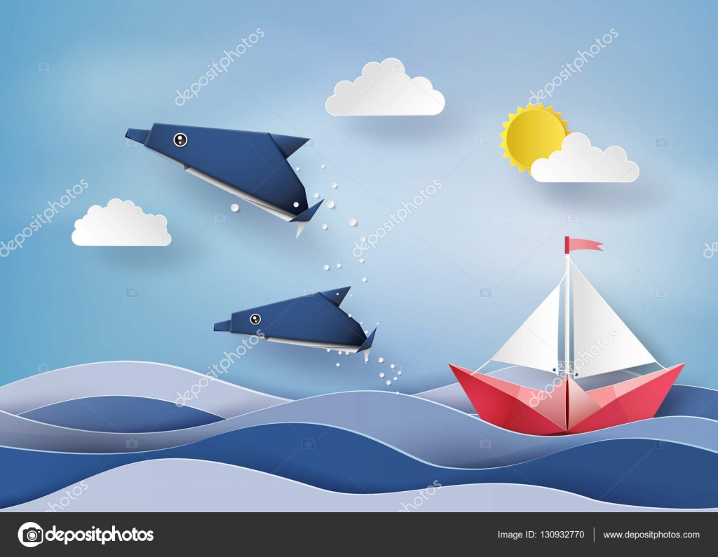 Origami made dolphin and sailing boat Float on sea 
