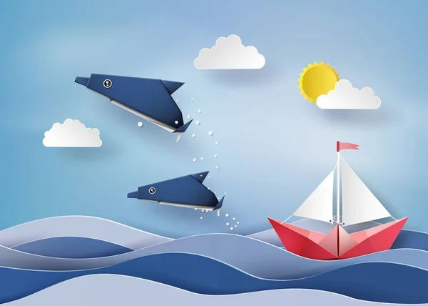 折纸作海豚和帆船漂浮在海面上  . — 图库矢量图片