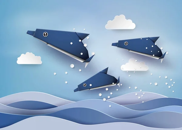 Origami készült delfin a tengerben. — Stock Vector