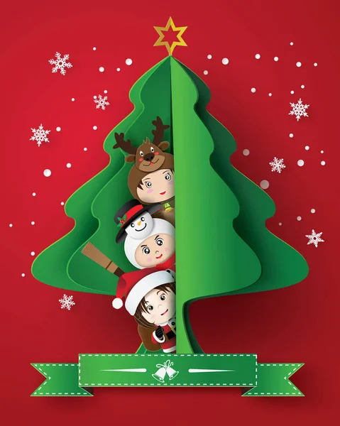 Feliz tarjeta de felicitación de Navidad con los niños — Vector de stock