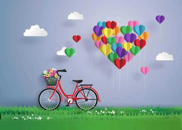 Red bikes parked on the grass with heart shaped balloons  floati — Stock Vector