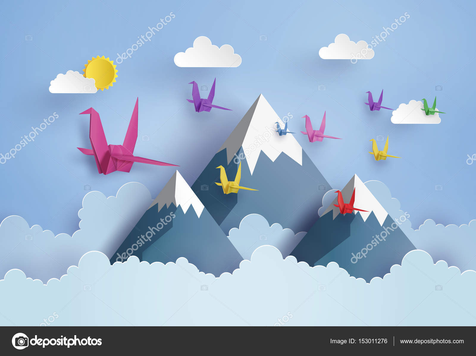 Origami Faite Oiseau Papier Coloré Sur Le Ciel Bleu Image