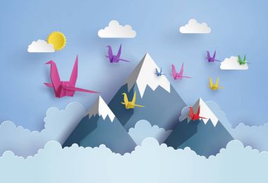 origami made colorful paper bird flying on blue sky clipart