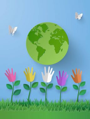 paper art of eco concept with multicolurful hand fower on the gr clipart