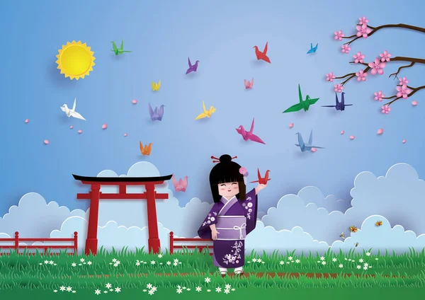 Japanska flickor bär nationella klä glatt och papper fågel. — Stock vektor