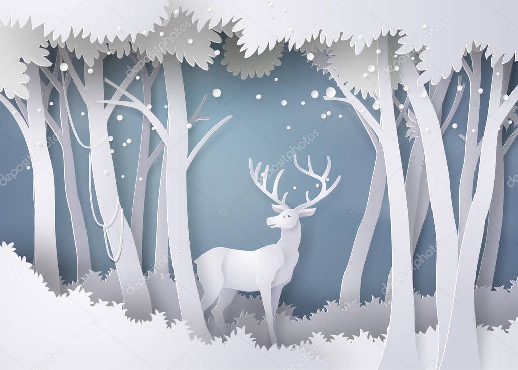 Deer in forest with snow.
