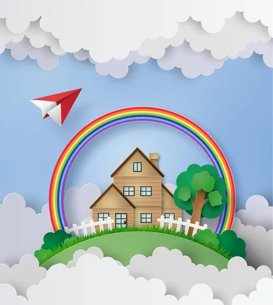 Avión volar sobre la casa con arco iris — Archivo Imágenes Vectoriales