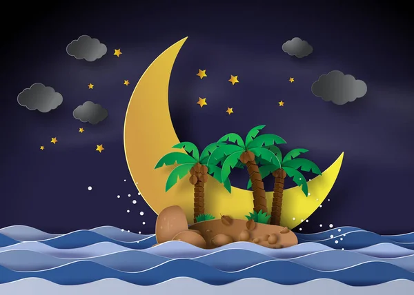 A ilha à meia-noite com meia lua —  Vetores de Stock