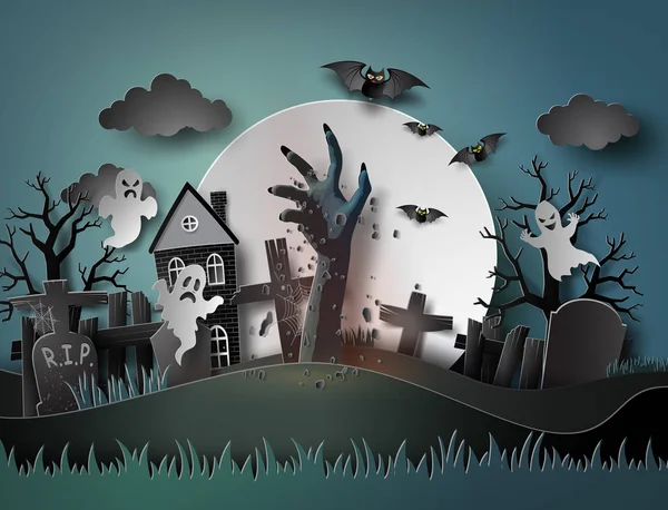 Fiesta de Halloween con fantasma y cementerio en luna llena . — Archivo Imágenes Vectoriales