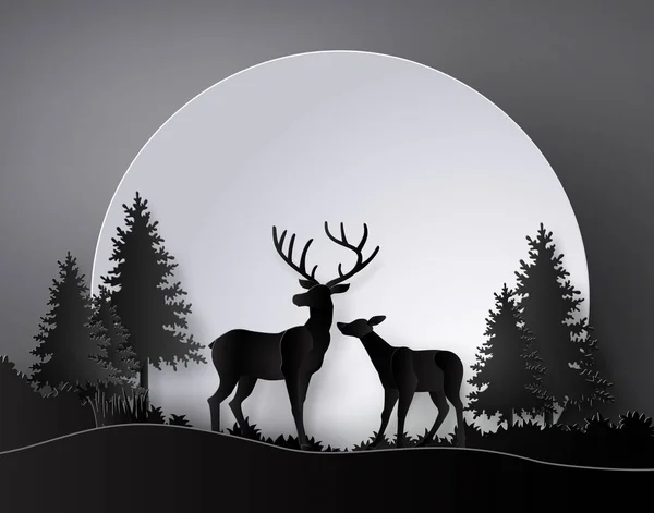 Cervo nella foresta con luna piena . — Vettoriale Stock