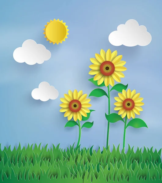 青い空と芝生の上の太陽の花 — ストックベクタ