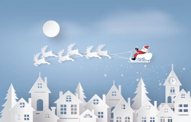 Mutlu Noeller ve mutlu yıllar. Gökyüzünde Noel Baba 'nın resmi. Şehre geliyor. Kağıt sanatı ve zanaat stili..