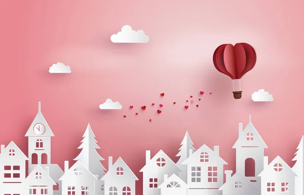 Illustration Love Valentine Day Paper Hot Air Balloon Heart Shape — Stock Vector