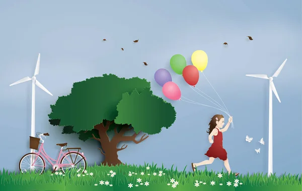 Rapariga Correr Campo Com Balão Estilo Arte Papel — Vetor de Stock