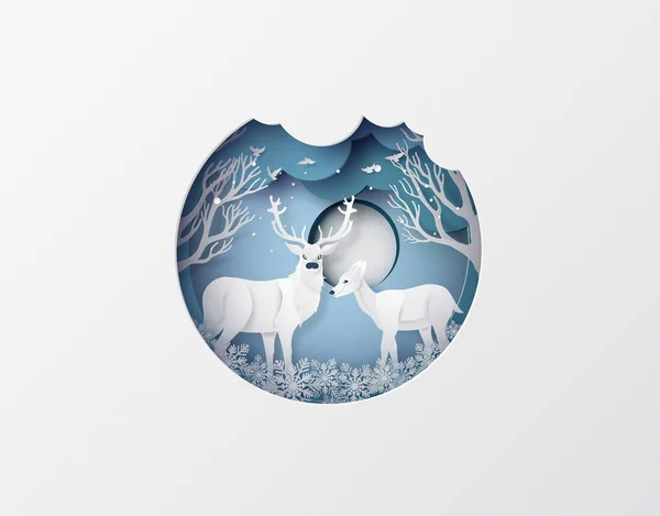 Ciervo en el bosque con nieve en invierno y Navidad , — Vector de stock