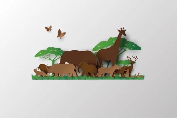 Día Mundial Vida Silvestre Con Animal Bosque Arte Del Papel — Vector de stock