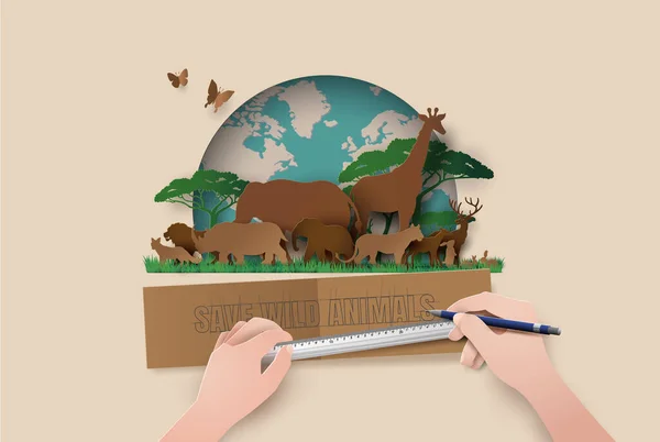 World Wildlife Day Animal Forest Paper Cut Style — 스톡 벡터