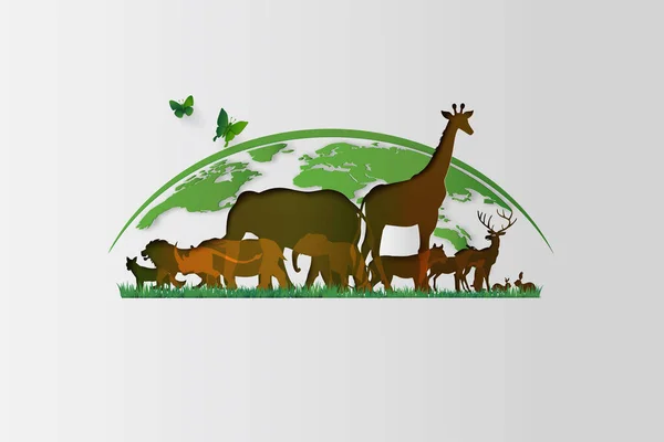 Weltwildtiertag Mit Dem Tier Wald Papierkunst Und Digitalem Handwerk — Stockvektor