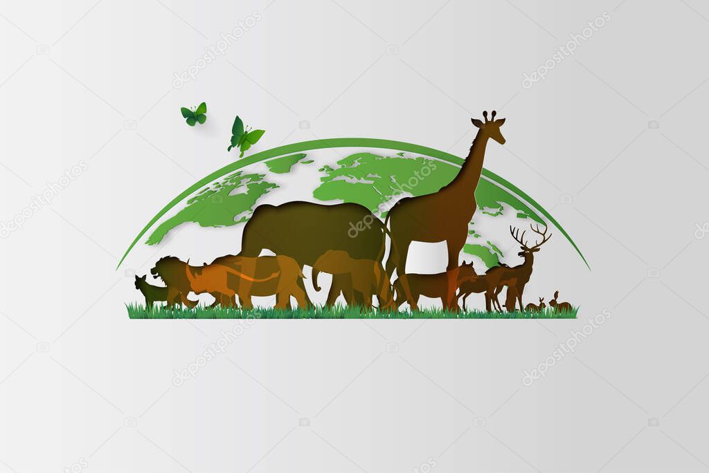 World Wildlife Day with the animal in forest , Paper art and digital craft style.