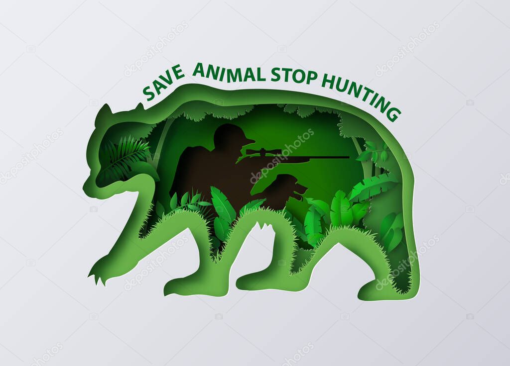 Concept of stop hunting animal with shooter and bear