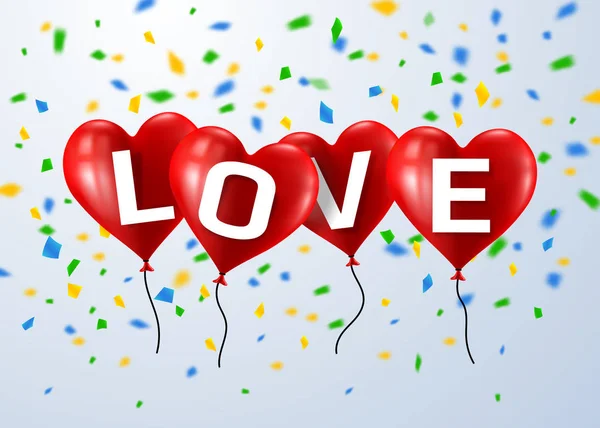 Fête volante rouge Ballons coeur avec texte LOVE.Valentine's Day concept — Image vectorielle