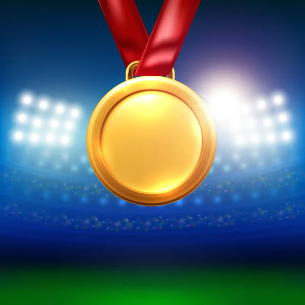Gouden medaille met spotlight en stadion achtergrond. Vector illustratie eps 10 — Stockvector