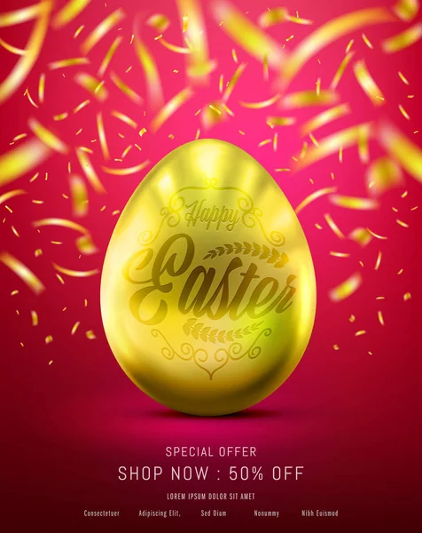 Leták vajec v zlaté barvě pro velikonoční den Banner — Stockový vektor