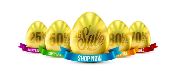 Huevos en color oro para la venta del día de Pascua con bandera de cinta — Vector de stock