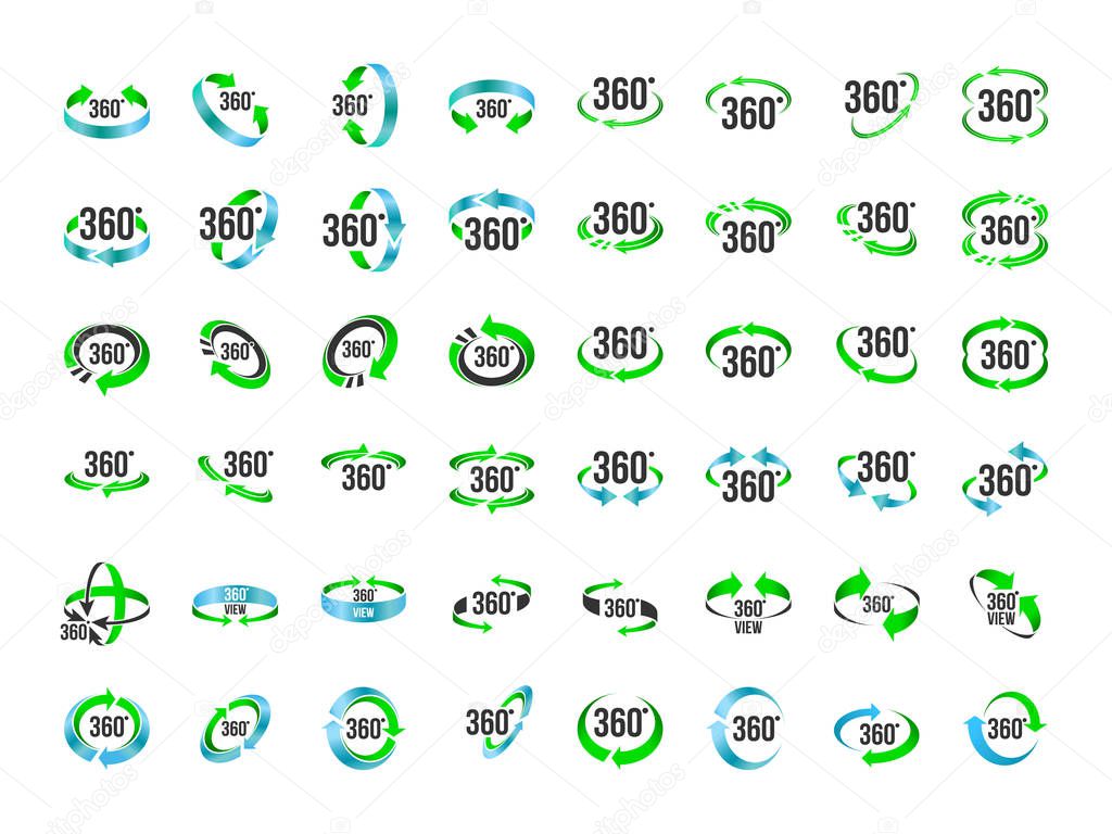 Set of 360 Degrees View Vector Icons with 360 Arrows
