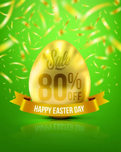 Easter Eggs in Gold Color for Easter Day Banner 80% Discount with Realistic Shine Gold Light On the Green Background and Golden Confetti Flying.Use for Easter Day Sale and Easter Day Promotion — стоковый вектор