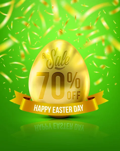 Easter Eggs in Gold Color for Easter Day Banner 70% Discount with Realistic Shine Gold Light On the Green Background and Golden Confetti Flying.Use for Easter Day Sale and Easter Day Promotion — стоковый вектор