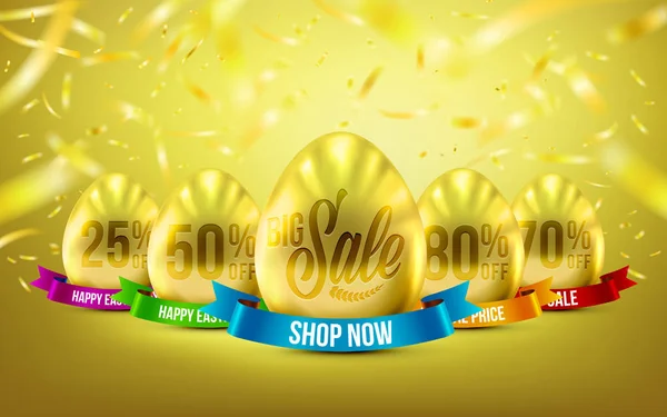 Grupo de huevos en color oro para el día de Pascua Banner Descuento con luz de oro brillo realista en el fondo de oro y Golden Confetti Flying.Use para la venta del día de Pascua y promoción del día de Pascua — Vector de stock