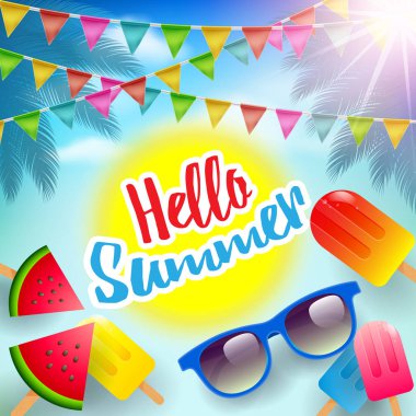 Güneş gözlüğü, dondurma ve karpuz yaz saati tatil tipografik illüstrasyon vektör. Yaz Background.Vector gösterim amacıyla yaz partisi