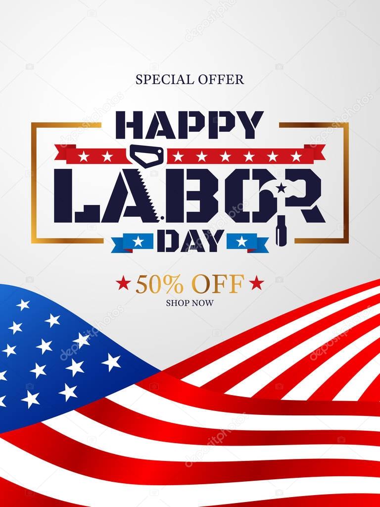 Happy Labor Day Sale with American flag background.