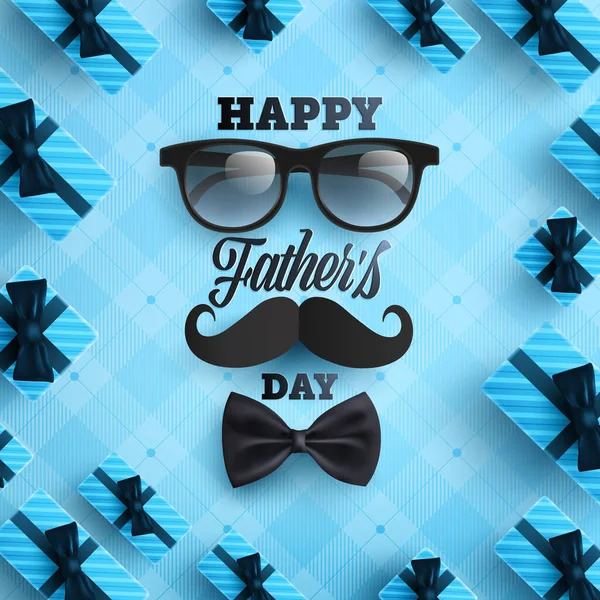 Father\'s Day poster or banner template with necktie,glasses and gift box on blue background.Greetings and presents for Father\'s Day in flat lay styling.Promotion and shopping template for love dad