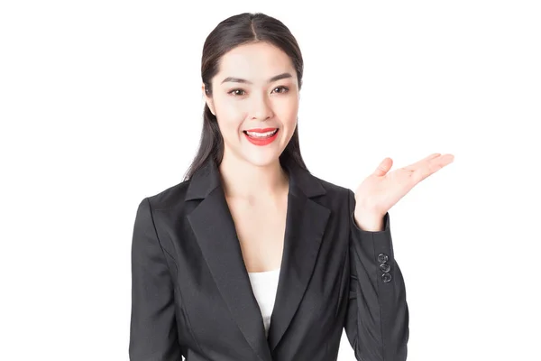 Junge Schöne Geschäftsfrau Schwarzen Anzug Mit Smailey Gesicht Isoliert Auf — Stockfoto