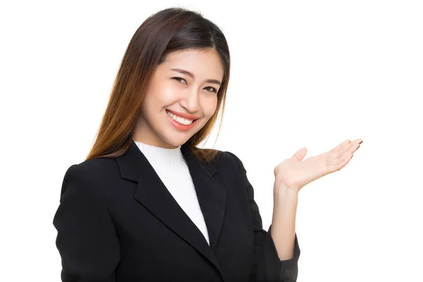 Joven Mujer Asiática Feliz Traje Negro Con Cara Sonriente Aislado —  Fotos de Stock