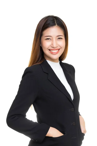 Jovem Mulher Asiática Feliz Terno Preto Com Rosto Sorridente Isolado — Fotografia de Stock