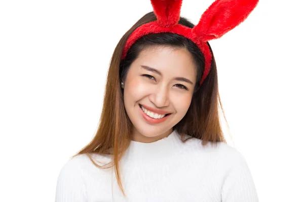 Junge Smiley Glücklich Asiatische Frau Mit Lustigen Hübschen Roten Stirnband — Stockfoto