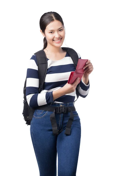 Young Asian Woman Backpack Opening Red Wallet Isolated White Background — Stock Photo, Image