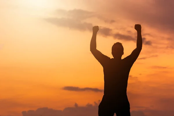 Silhouette Man Hands Raised Sunset Empowered Concept — Stock Photo, Image