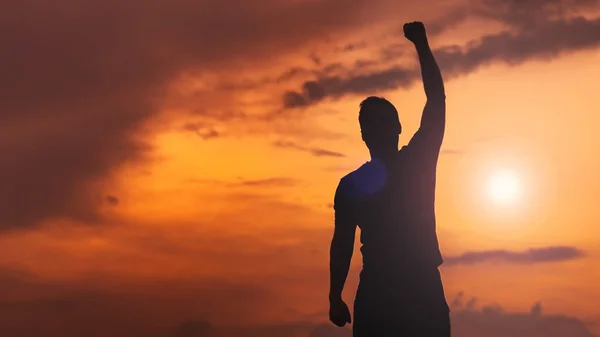 Silhouette Man Hands Raised Sunset Empowered Concept — Stock Photo, Image