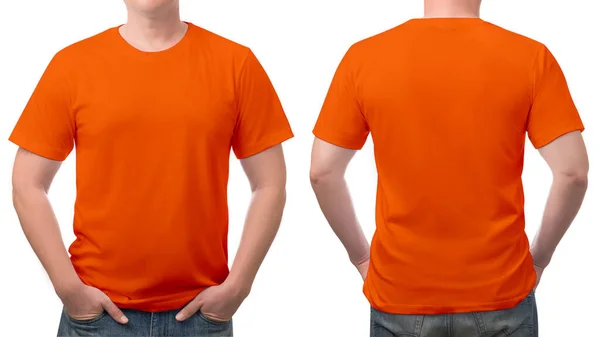 白い背景に隔離されたオレンジのTシャツの綿の男のパターンを閉じます — ストック写真